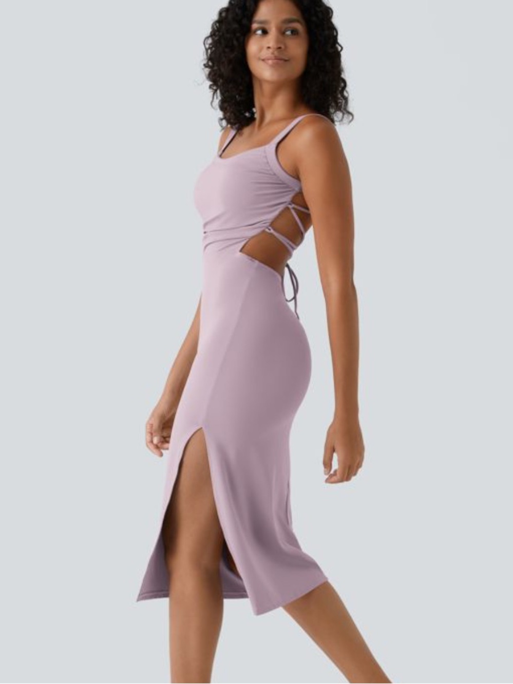 Halara Baby Pink Ruched Lace Up Bodycon Midi Dress